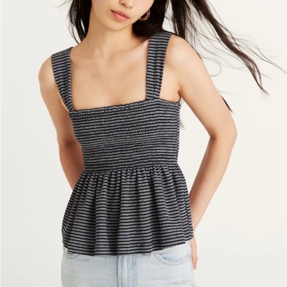 Madewell Texture & Thread Smocked Peplum Striped Feminine Tank Size Small - Picture 2 of 6